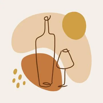 Vector line art wine minimal logo bottle and glass alcohol linear style label Stock Illustration