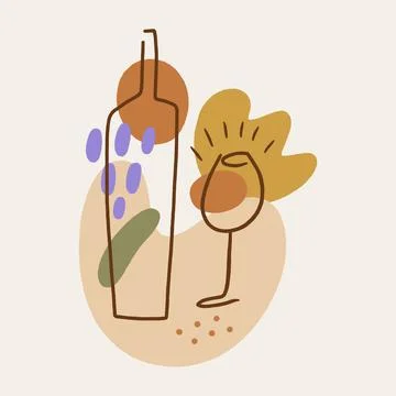 Vector line art wine minimal logo bottle and glass alcohol linear style label イラスト素材