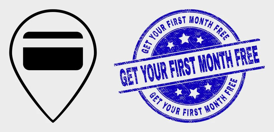 Vector Line Bank Card Pointer Icon and Grunge Get Your First Month Free Stamp Stock Illustration