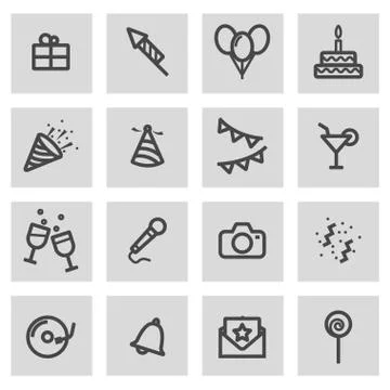 Vector line birthday icons set Stock Illustration
