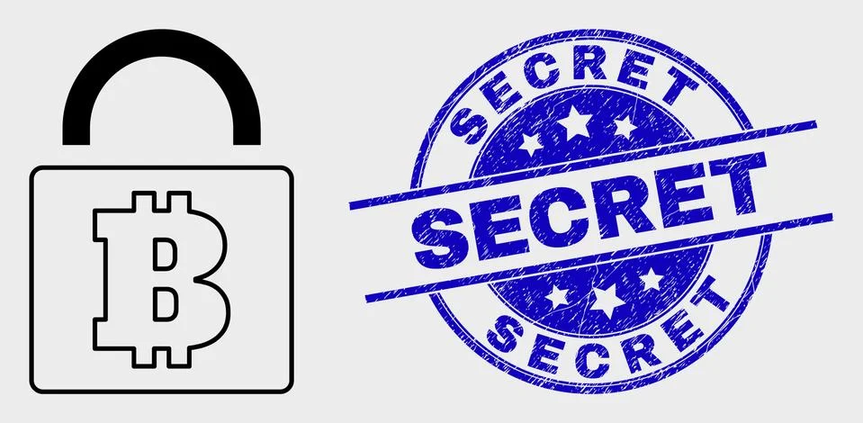 Vector Line Bitcoin Lock Icon and Scratched Secret Stamp Seal Stock Illustration