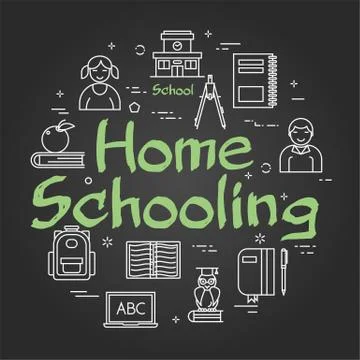 Vector line black round concept of home schooling Stock Illustration