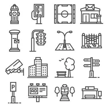 Vector line city elements icons set on white background Ilustración de archivo