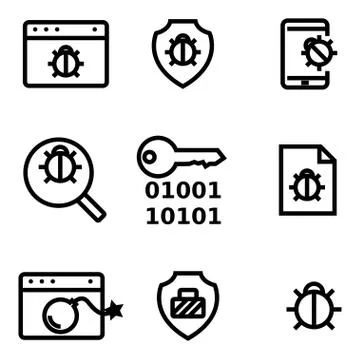 Vector line computer virus icon set Stock Illustration