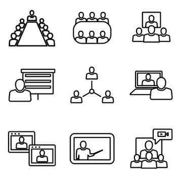 Vector line conference icons set. Business communication. Stock Illustration