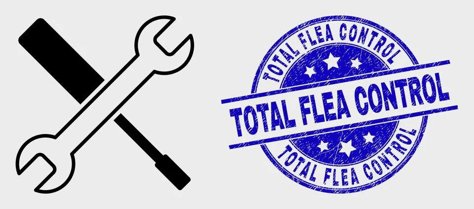 Vector Line Configuration Tools Icon and Grunge Total Flea Control Seal Stock Illustration