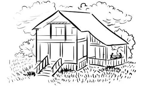 Vector line country house with two people Stock Illustration