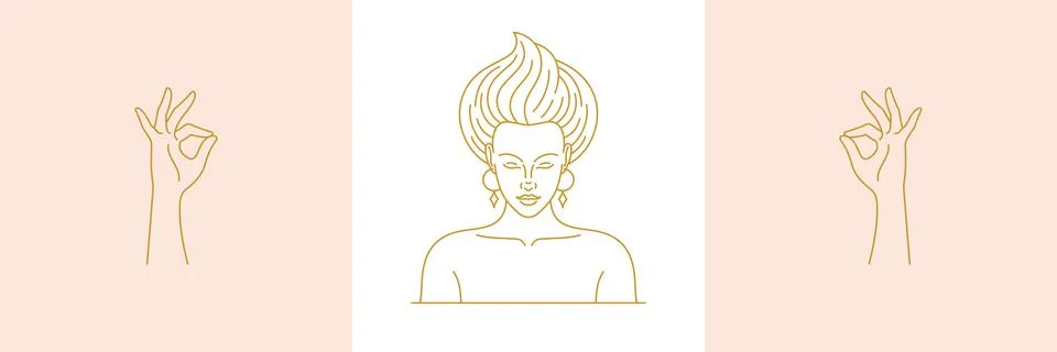 Vector line decoration design elements set - female face and gesture hands .. Stock Illustration