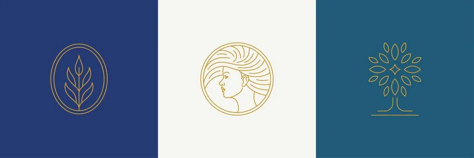 Vector line decoration design elements set - female face and branch leaves .. 스톡 일러스트