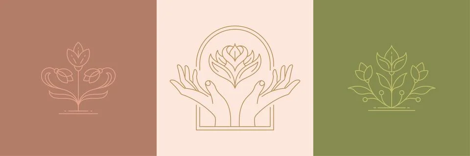 Vector line decoration design elements set - flowers and gesture hands illu.. Stock Illustration