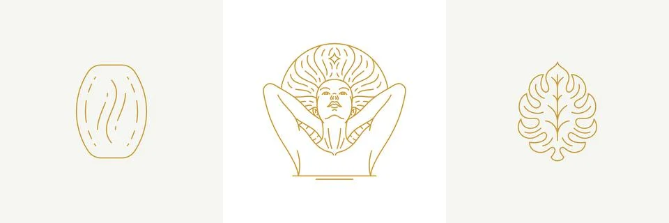 Vector line decoration design elements set - female face and monstera leaf .. Stockillustratie