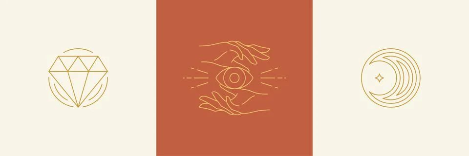Vector line decoration design elements set - moon and gesture hands illustr.. Stock Illustration