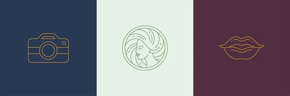 Vector line decoration design elements set - female face and lips illustrat.. Stock Illustration