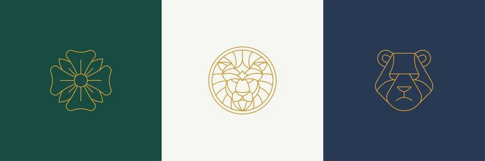 Vector line decoration design elements set - lion and bear heads illustrati.. Stock Illustration