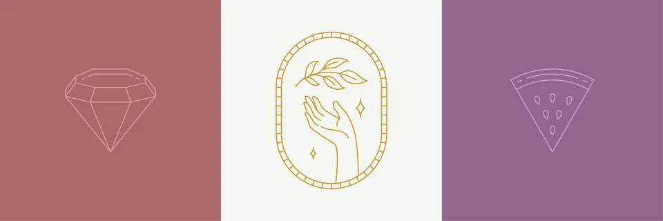 Vector line decoration design elements set - leaves and gesture hand illust.. Stock Illustration