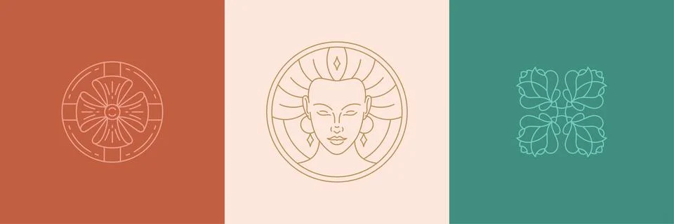 Vector line decoration design elements set - female face and rose illustrat.. Stock Illustration