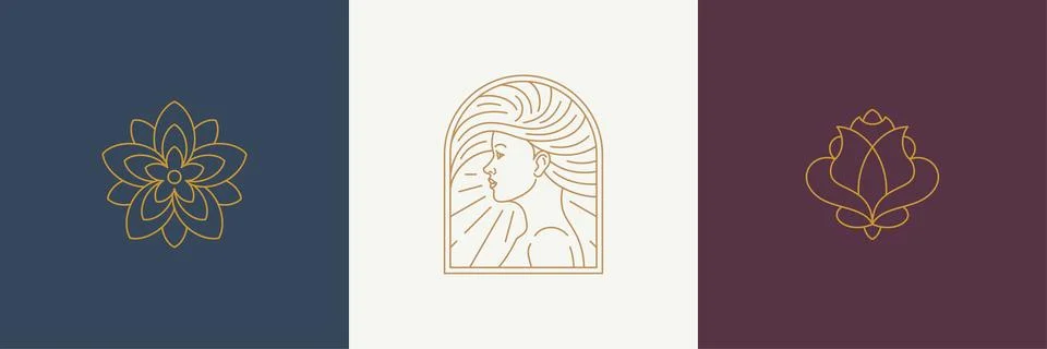 Vector line decoration design elements set - female face and rose illustrat.. Stock Illustration