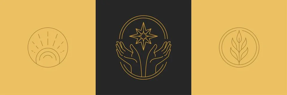 Vector line decoration design elements set - star and gesture hands illustr.. Illustrazione stock