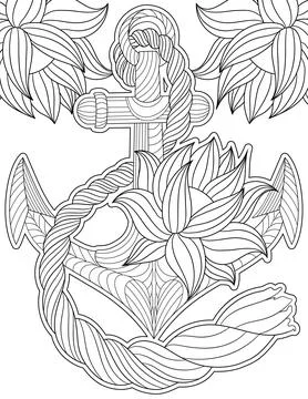 Vector line drawing anchor decorated flowers. Digital lineart image ship rope Illustrazione stock