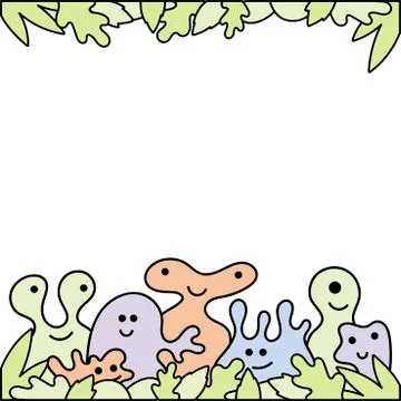 Vector line drawing. Doodle illustration. Cute monsters peek out of the leave Stock Illustration