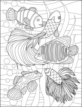 Vector line drawing five fishes detailed patterns swimming water tank. Digital Illustrazione stock