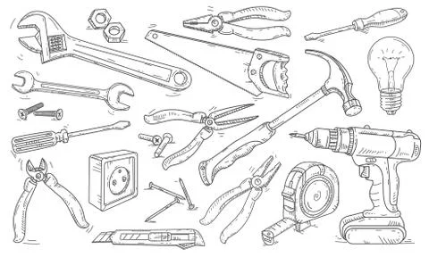 Vector line drawing icons, different tools for repairs around the house. Stock Illustration