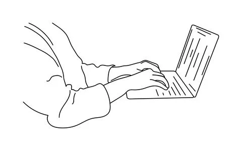 Vector line drawing of professional worker hand and laptop on white background Stock Illustration