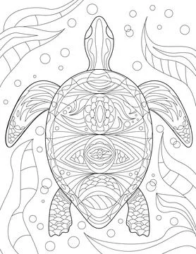 Vector line drawing stylized turtle swimming decorated with flowers. Digital イラスト素材