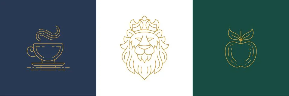 Vector line elegant decoration design elements set - lion head and apple il.. Illustrazione stock