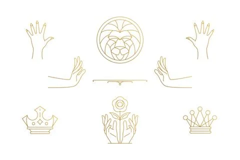 Vector line elegant decoration design elements set - lion head and gesture ha Stock Illustration