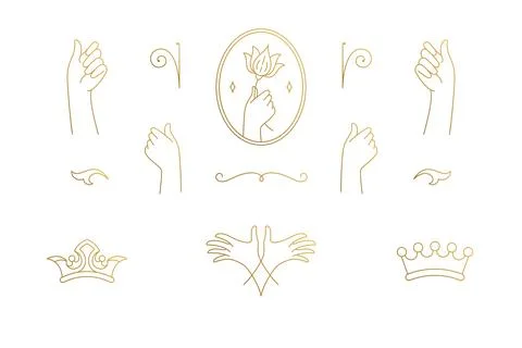 Vector line elegant decoration design elements set - crowns and gesture han.. Stock Illustration