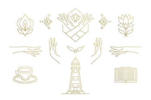 Vector line elegant decoration design elements set - flowers and gesture ha.. Illustrazione stock