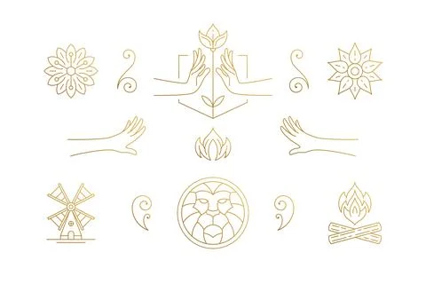 Vector line elegant decoration design elements set - lion head and gesture .. Stock Illustration