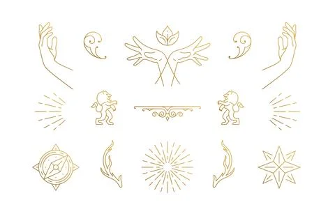Vector line elegant decoration design elements set - star and gesture hands.. Stock Illustration