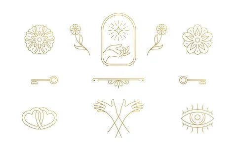 Vector line elegant decoration design elements set - flowers and gesture ha.. Stock Illustration