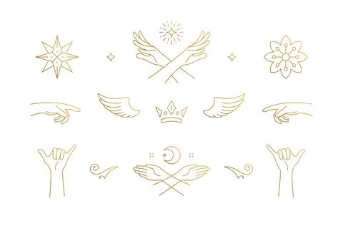 Vector line elegant decoration design elements set - wings and gesture hand.. Stock Illustration