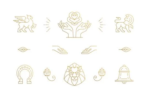 Vector line elegant decoration design elements set - lion head and gesture .. Stock Illustration
