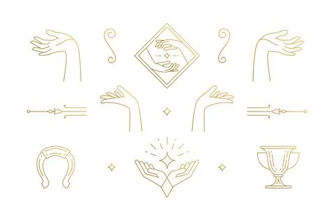 Vector line elegant decoration design elements set - female gesture hands i.. Illustrazione stock