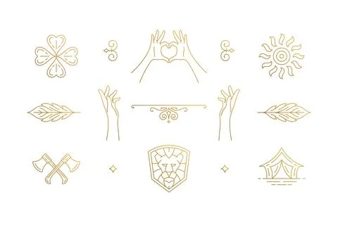 Vector line elegant decoration design elements set - lion head and gesture .. Stock Illustration