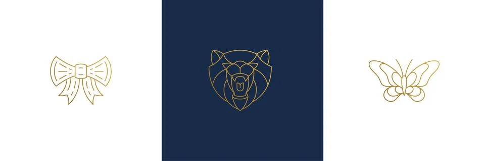 Vector line elegant decoration design elements set - bear head and butterfl.. Stock Illustration