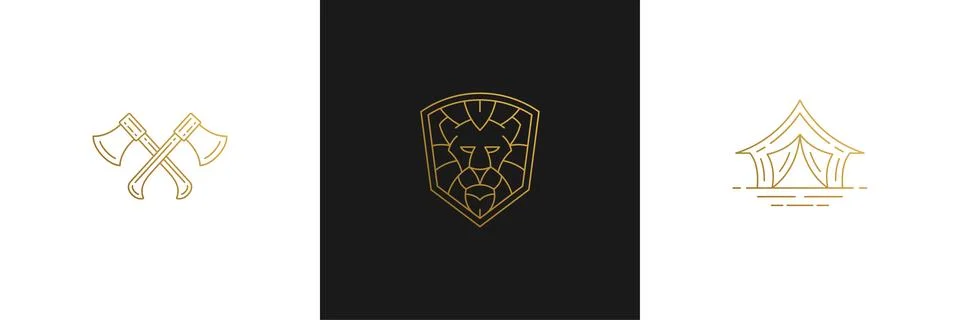 Vector line elegant decoration design elements set - lion head and camp ten.. 스톡 일러스트