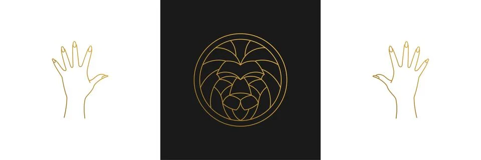 Vector line elegant decoration design elements set - lion head and gesture .. Illustrazione stock