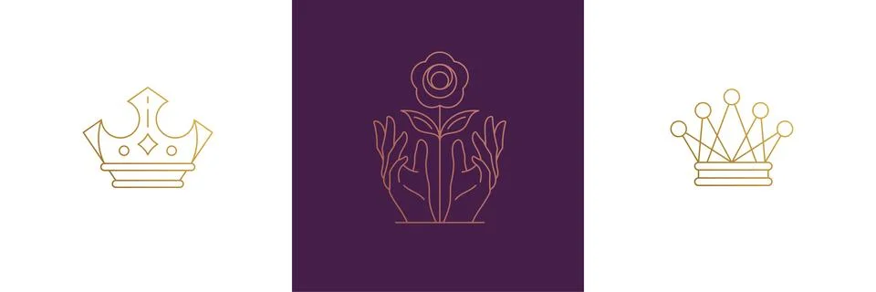 Vector line elegant decoration design elements set - crowns and female gest.. Illustrazione stock