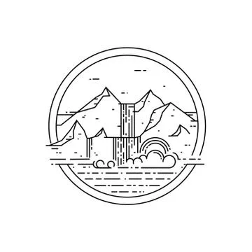 Vector line emblem with mountain landscape and waterfall Stock Illustration