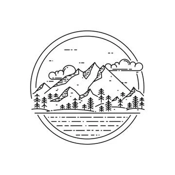 Vector line emblem with mountain landscape, forest, sea and clouds Stock Illustration