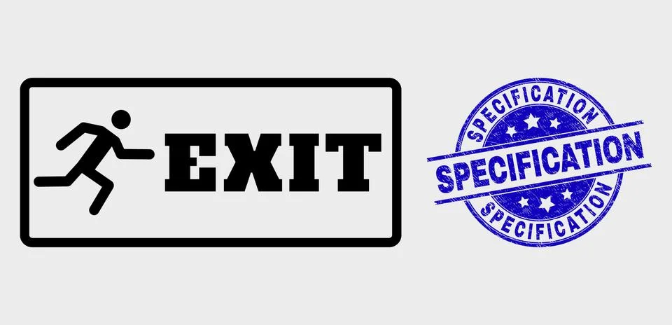 Vector Line Emergency Exit Icon and Grunge Specification Seal Stock Illustration