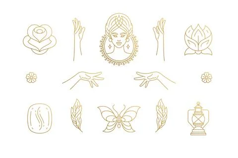 Vector line feminine decoration design elements set - female face and gestu.. 스톡 일러스트