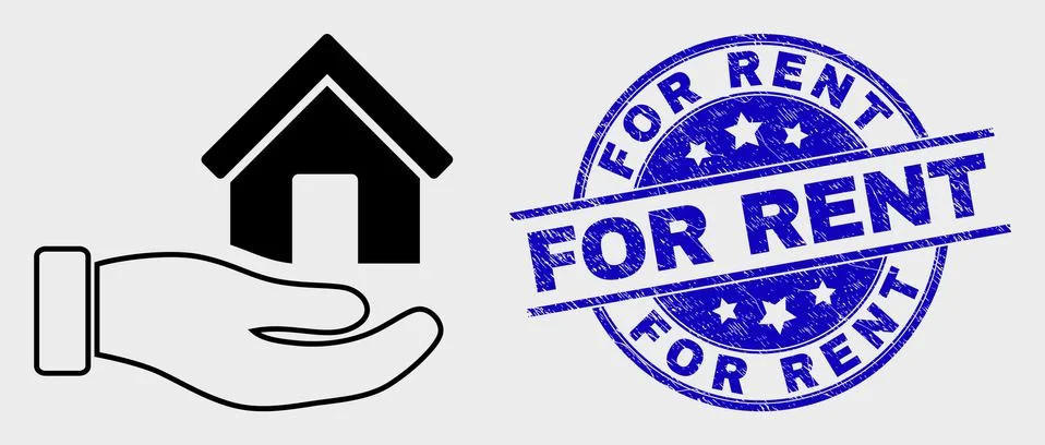 Vector Line Hand Offer House Icon and Scratched For Rent Seal Ilustración de archivo
