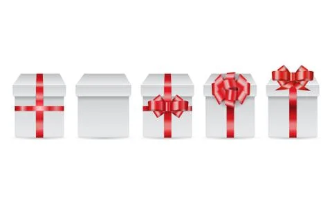 Vector line of holiday boxes with red bows for merry christnas gifts isolated 스톡 일러스트