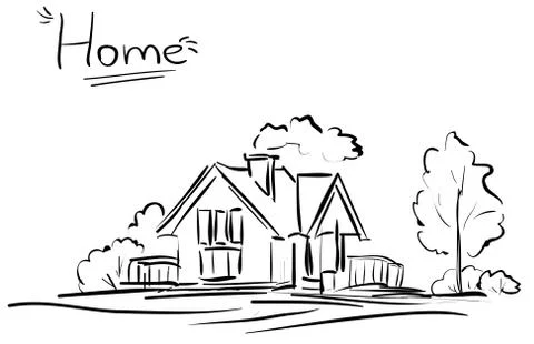 Vector line house and trees Stock Illustration